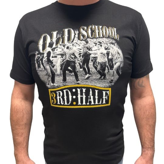 Old School black T-shirt by 3rd Half with vintage football terrace scene and bold retro lettering design